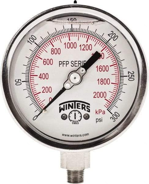 Winters - 4" Dial, 1/4 Thread, 0-300 Scale Range, Pressure Gauge - Bottom Connection Mount, Accurate to 1% Full-Scale of Scale - Americas Industrial Supply