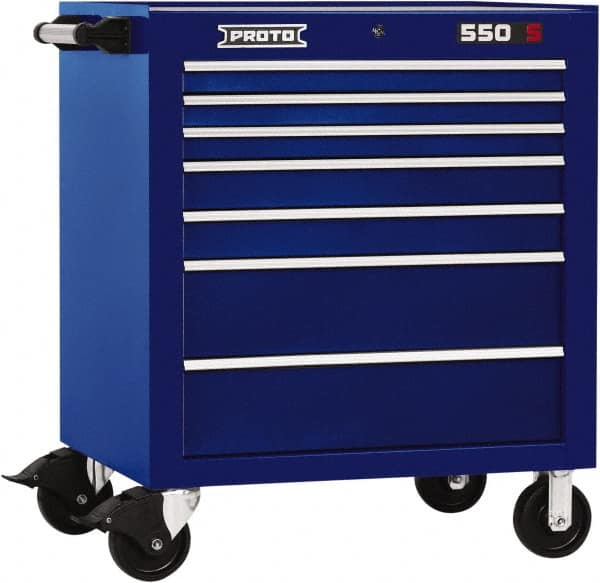 Proto - 7 Drawer Steel Tool Roller Cabinet - 34" Wide x 41" High x 25-1/4" Deep, Ball Bearing Drawer Slides, Blue - Americas Industrial Supply