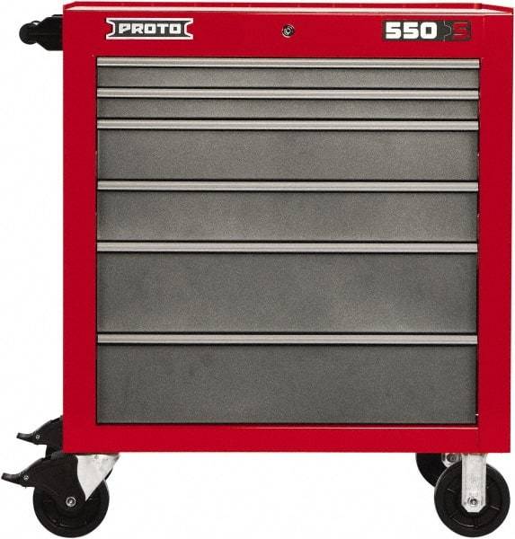 Proto - 6 Drawer Steel Tool Roller Cabinet - 34" Wide x 41" High x 25-1/4" Deep, Ball Bearing Drawer Slides, Safety Red/Gray - Americas Industrial Supply
