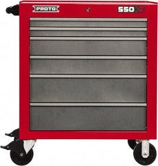 Proto - 6 Drawer Steel Tool Roller Cabinet - 34" Wide x 41" High x 25-1/4" Deep, Ball Bearing Drawer Slides, Safety Red/Gray - Americas Industrial Supply