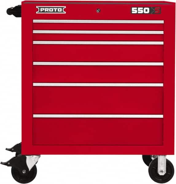 Proto - 6 Drawer Steel Tool Roller Cabinet - 34" Wide x 41" High x 25-1/4" Deep, Ball Bearing Drawer Slides, Red - Americas Industrial Supply