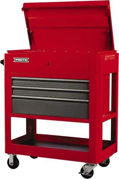 Proto - 23" Wide x 46" High x 30" Deep, 3 Drawer Tool Cart - 3,600 Lb Capacity, Steel, Safety Red/Gray - Americas Industrial Supply