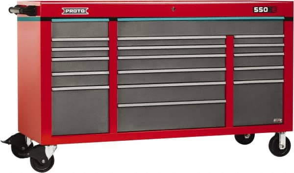 Proto - 30,144 Lb Capacity, 18 Drawer Mobile Power Workstation - 67" Wide x 25-1/4" Deep x 41" High, Steel, Safety Red & Gray - Americas Industrial Supply