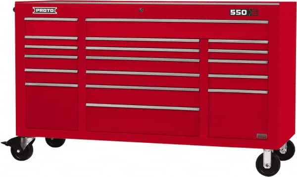 Proto - 30,144 Lb Capacity, 18 Drawer Mobile Power Workstation - 67" Wide x 25-1/4" Deep x 41" High, Steel, Red - Americas Industrial Supply