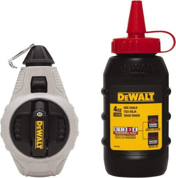 DeWALT - 100' Long Reel & Chalk Set - Silver & Black, Includes 4 oz Red Chalk - Americas Industrial Supply