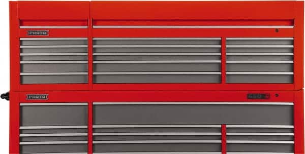 Proto - 15 Drawer Top Tool Chest - 88-1/4" Wide x 27" Deep x 27-1/4" High, Steel, Safety Red/Gray - Americas Industrial Supply