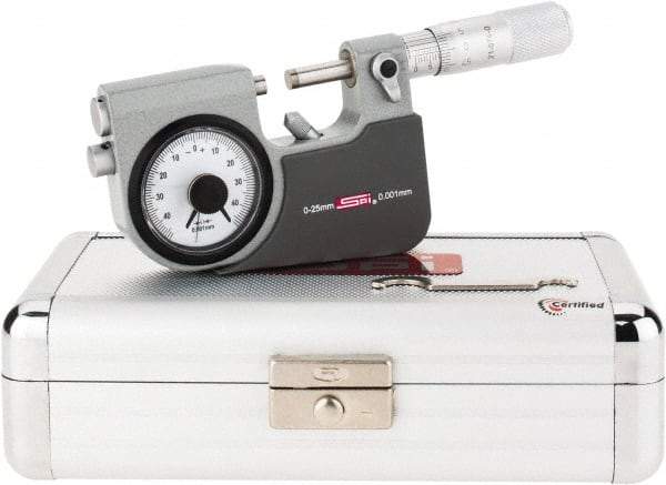 SPI - 0 to 25mm Range, 0.001mm Graduation, Mechanical Indicating Micrometer - Accurate to 0.002mm, Carbide Measuring Face - Americas Industrial Supply