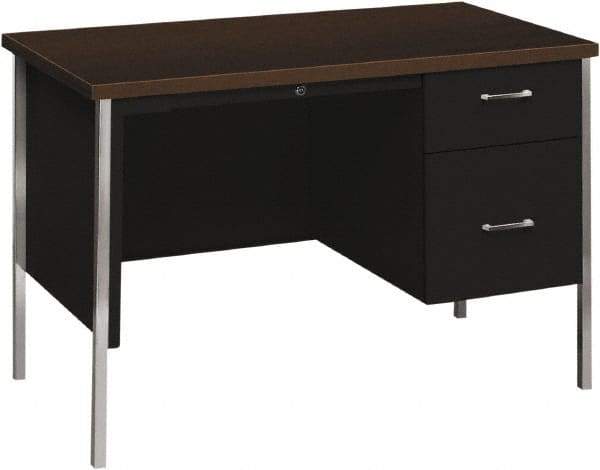 Hon - Woodgrain Laminate Right Pedestal Desk with Center Drawer - 45-1/4" Wide x 24" Deep x 29-1/2" High, Mocha/Black - Americas Industrial Supply