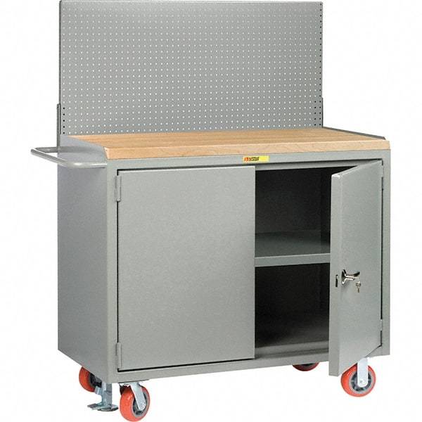 Little Giant - 3,600 Lb Capacity, 3 Shelf, 2 Door Mobile Bench Cabinet with Pegboard Panel - 53" Wide x 24" Deep x 43" High, Steel, Gray - Americas Industrial Supply