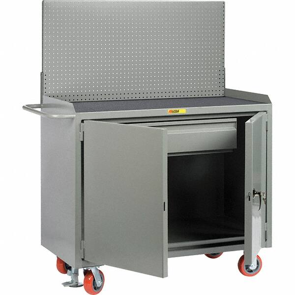 Little Giant - 3,600 Lb Capacity, 2 Shelf, 1 Drawer, 2 Door Mobile Bench Cabinet with Pegboard Panel - 53" Wide x 24" Deep x 43" High, Steel, Gray - Americas Industrial Supply