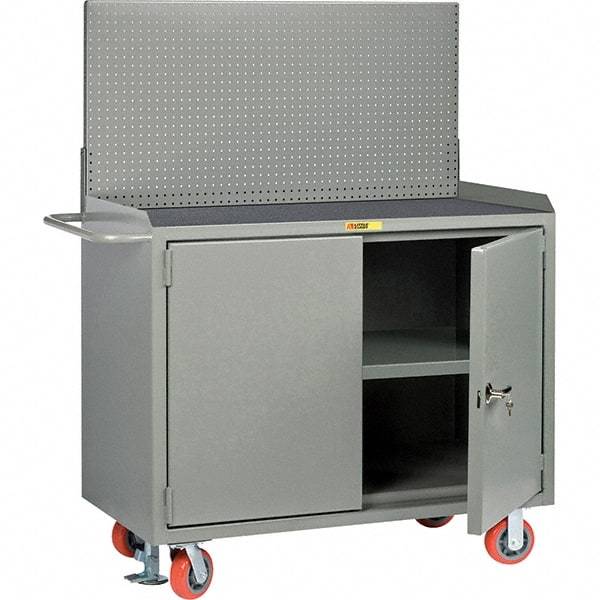 Little Giant - 3,600 Lb Capacity, 3 Shelf, 2 Door Mobile Bench Cabinet with Pegboard Panel - 41" Wide x 24" Deep x 43" High, Steel, Gray - Americas Industrial Supply