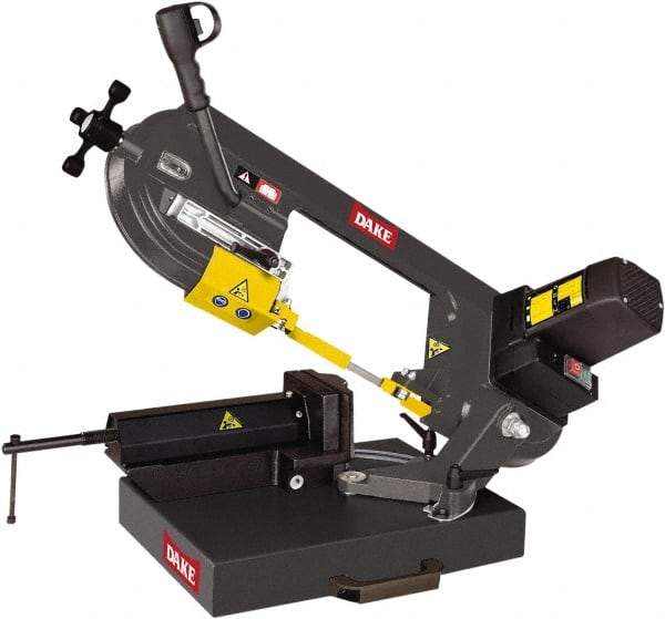 Dake - 8 x 5" Max Capacity, Manual Geared Head Horizontal Bandsaw - 262 & 196 SFPM Blade Speed, 110 Volts, 45°, 2 hp, 1 Phase - Americas Industrial Supply