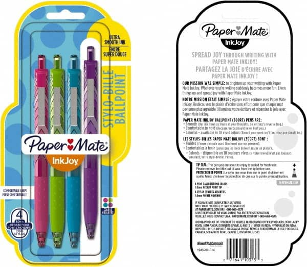 Paper Mate - 1mm Ball Point Retractable Ball Point Pen - Pink, Lime, Turquoise & Purple - Americas Industrial Supply