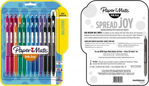 Paper Mate - 1mm Ball Point Retractable Ball Point Pen - Pink, Red, Orange, Green, Turquoise, Blue, Purple & Black - Americas Industrial Supply