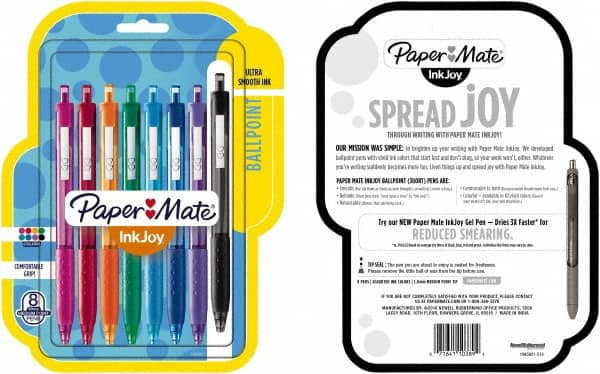 Paper Mate - 1mm Ball Point Retractable Ball Point Pen - Pink, Red, Orange, Green, Turquoise, Blue, Purple & Black - Americas Industrial Supply