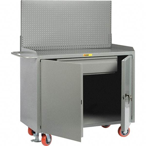 Little Giant - 3,600 Lb Capacity, 2 Shelf, 1 Drawer, 2 Door Mobile Bench Cabinet with Pegboard Panel - 41" Wide x 24" Deep x 43" High, Steel, Gray - Americas Industrial Supply