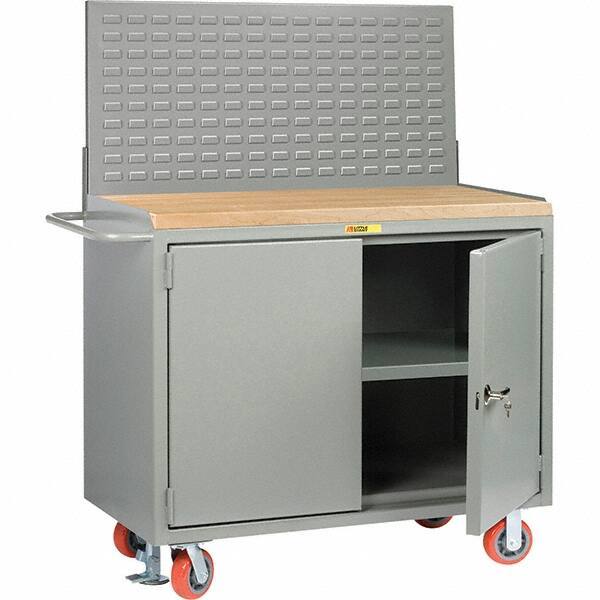 Little Giant - 3,600 Lb Capacity, 3 Shelf, 2 Door Mobile Bench Cabinet with Louvered Panel - 53" Wide x 24" Deep x 43" High, Steel, Gray - Americas Industrial Supply