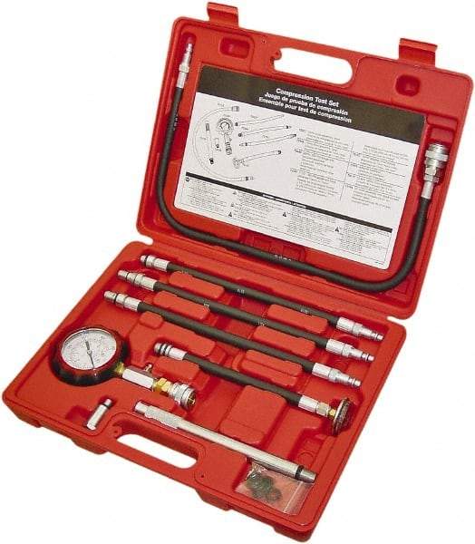 Lang - 8 Piece Dial Engine Compression Test Kit - 300 Max Pressure, 0 to 300 PSI (0 to 21 Kg/cm2) Scale - Americas Industrial Supply