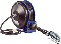 CoxReels - 16 AWG, 30' Cable Length, Cord & Cable Reel with Incandescent Hand Lamp with Tool Tap Plug End - 1 Outlet, NEMA 5-15R, 13 Amps, 115 Volts, SJTO Cable, Blue Reel, Spring Driven Reel - Americas Industrial Supply