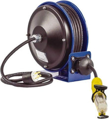 CoxReels - 16 AWG, 30' Cable Length, Cord & Cable Reel with Fluorescent Angle Light with Tool Tap Plug End - 1 Outlet, NEMA 5-15R, 13 Amps, 115 Volts, SJTO Cable, Blue Reel, Spring Driven Reel - Americas Industrial Supply