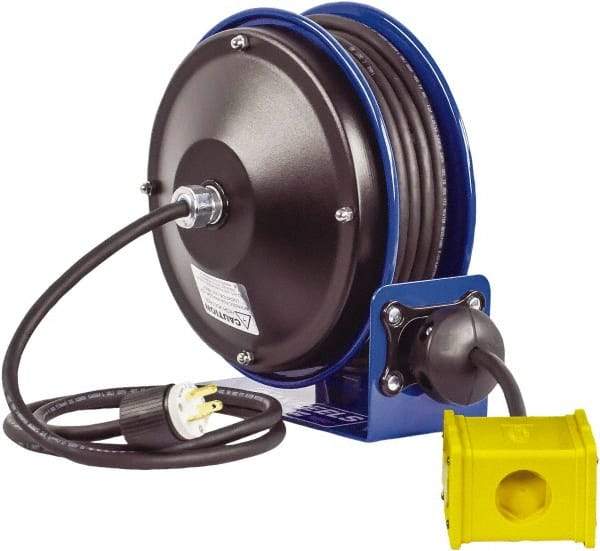 CoxReels - 12 AWG, 30' Cable Length, Cord & Cable Reel with Quad Outlet End - 4 Outlets, NEMA 5-20R, 20 Amps, 115 Volts, SJO Cable, Blue Reel, Spring Driven Reel - Americas Industrial Supply