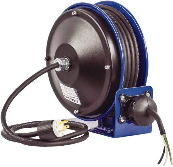 CoxReels - 16 AWG, 30' Cable Length, Cord & Cable Reel with Bare End - 0 Outlets, 13 Amps, 300 Volts, SJO Cable, Blue Reel, Spring Driven Reel - Americas Industrial Supply