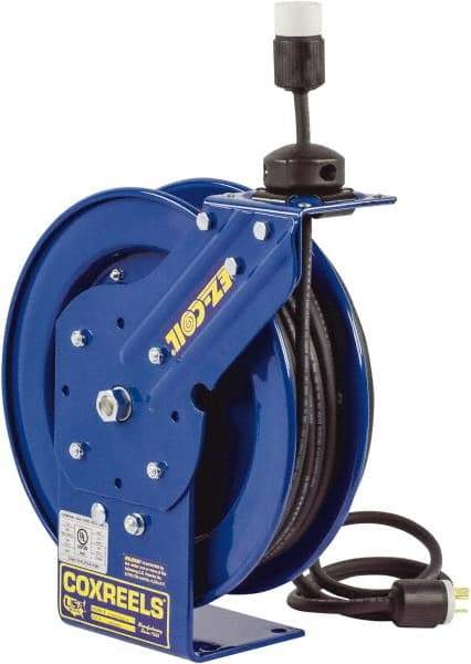 CoxReels - 16 AWG, 50' Cable Length, Cord & Cable Reel with Fluorescent Angle Light with Tool Tap Plug End - 1 Outlet, 13 Amps, 115 Volts, SJTO Cable, Blue Reel, Spring Driven Reel - Americas Industrial Supply