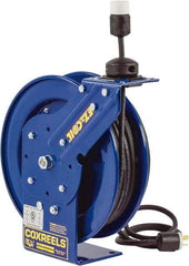 CoxReels - 16 AWG, 50' Cable Length, Cord & Cable Reel with Incandescent Hand Lamp with Tool Tap Plug End - 1 Outlet, 13 Amps, 115 Volts, SJTO Cable, Blue Reel, Spring Driven Reel - Americas Industrial Supply