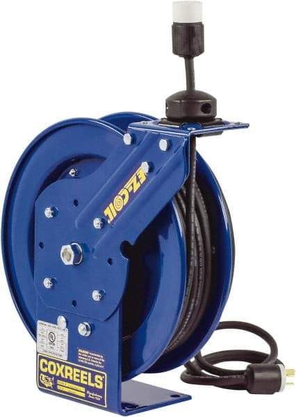 CoxReels - 12 AWG, 50' Cable Length, Cord & Cable Reel with Outlet End - 1 Outlet, NEMA 5-20R, 20 Amps, 115 Volts, SJO Cable, Blue Reel, Spring Driven Reel - Americas Industrial Supply