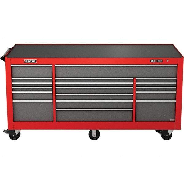 Proto - 48,654 Lb Capacity, 18 Drawer Mobile Power Workstation - 88-1/4" Wide x 27" Deep x 46-3/8" High, Steel, Safety Red & Gray - Americas Industrial Supply