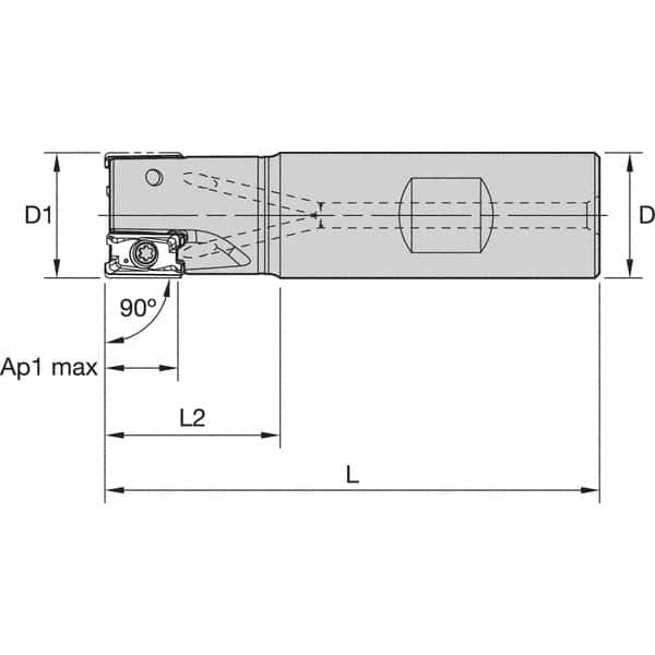 Kennametal - 1" Cut Diam, 11mm Max Depth of Cut, 1" Shank Diam, 4.03" OAL, Indexable Square Shoulder End Mill - LNGU110408SRGE Inserts, Weldon Shank, 0° Lead Angle, Through Coolant, Series Mill 4-11 - Americas Industrial Supply