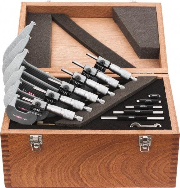 SPI - 0 to 6" Range, 6 Piece Mechanical Outside Micrometer Set - 0.0001" Graduation, 0.0001, 0.0002" Accuracy, Ratchet Stop Thimble, Carbide Face - Americas Industrial Supply