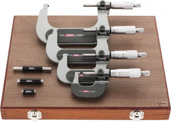 SPI - 0 to 4" Range, 4 Piece Mechanical Outside Micrometer Set - 0.0001" Graduation, 0.0001, 0.0002" Accuracy, Ratchet Stop Thimble, Carbide Face - Americas Industrial Supply