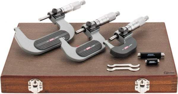 SPI - 0 to 3" Range, 3 Piece Mechanical Outside Micrometer Set - 0.0001" Graduation, 0.0001, 0.0002" Accuracy, Ratchet Stop Thimble, Carbide Face - Americas Industrial Supply