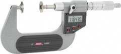 SPI - 1 to 2", IP54, Ratchet Stop Thimble, Electronic Disc Micrometer - 0.0002" Accuracy, 0.79" Disc, 0.00005" Resolution, 0.31" Spindle Diam, Steel Face, NIST Traceability Certification Included - Americas Industrial Supply