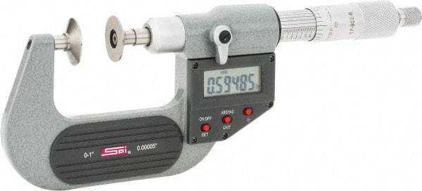 SPI - 0 to 1", IP54, Ratchet Stop Thimble, Electronic Disc Micrometer - 0.0001" Accuracy, 0.79" Disc, 0.00005" Resolution, 0.31" Spindle Diam, Steel Face, NIST Traceability Certification Included - Americas Industrial Supply