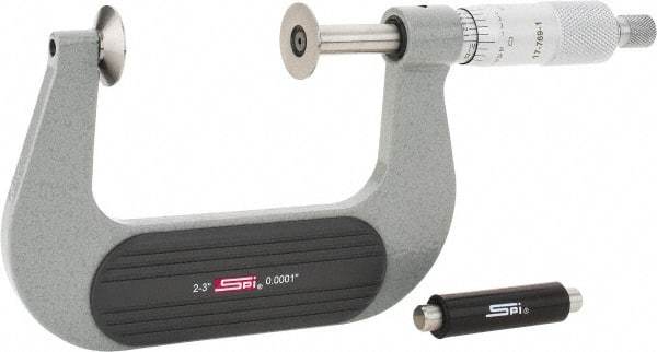 SPI - 2 to 3", Ratchet Stop Thimble, Mechanical Disc Micrometer - 0.0002" Accuracy, 0.79" Disc, 0.0001" Resolution, 0.31" Spindle Diam, Steel Face, NIST Traceability Certification Included - Americas Industrial Supply