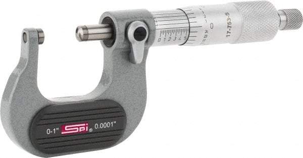SPI - Mechanical, 0 to 1" Measurement, Painted Finish Carbide Face Ball Anvil Micrometer - 0.0001" Graduation, Ratchet Stop Thimble - Americas Industrial Supply