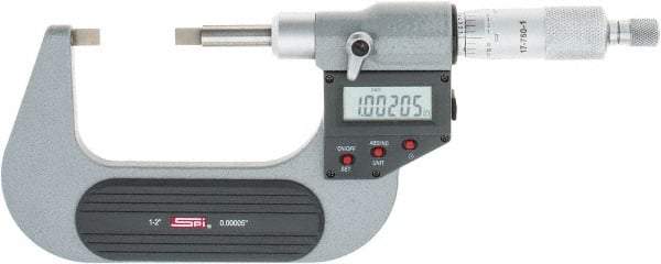 SPI - 25mm to 50mm Electronic Painted Blade Micrometer - 0.003mm Accuracy, 0.75mm Blade Thickness, Ratchet Stop Thimble - Americas Industrial Supply