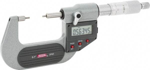 SPI - 0 to 1 Inch, 1.26 Inch Throat Depth, Electronic Spline Micrometer - 0.0001 Inch Accuracy, 0.00005 Inch Graduation, 0.25 Inch Spindle Diameter, 2mm Head Diameter, Ratchet Stop Thimble, Data Output - Americas Industrial Supply