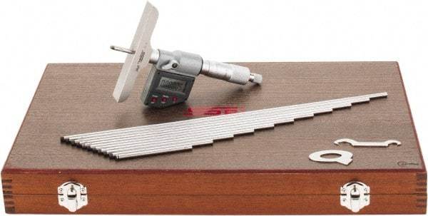 SPI - 0 to 300mm Range, 4" Base Length, 12 Rods, Ratchet Stop Thimble, Electronic Depth Micrometer - IP65, 0.00005" Resolution, Accurate to 0.007mm, 0.176" Rod Diam, LR44 Battery, Data Output - Americas Industrial Supply
