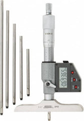 SPI - 0 to 150mm Range, 4" Base Length, 6 Rods, Ratchet Stop Thimble, Electronic Depth Micrometer - IP65, 0.00005" Resolution, Accurate to 0.005mm, 0.176" Rod Diam, LR44 Battery, Data Output - Americas Industrial Supply