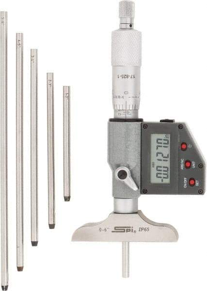 SPI - 0 to 150mm Range, 2-1/2" Base Length, 6 Rods, Ratchet Stop Thimble, Electronic Depth Micrometer - IP65, 0.00005" Resolution, Accurate to 0.005mm, 0.176" Rod Diam, LR44 Battery, Data Output - Americas Industrial Supply