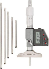 SPI - 0 to 150mm Range, 2-1/2" Base Length, 6 Rods, Ratchet Stop Thimble, Electronic Depth Micrometer - IP65, 0.00005" Resolution, Accurate to 0.005mm, 0.176" Rod Diam, LR44 Battery, Data Output - Americas Industrial Supply