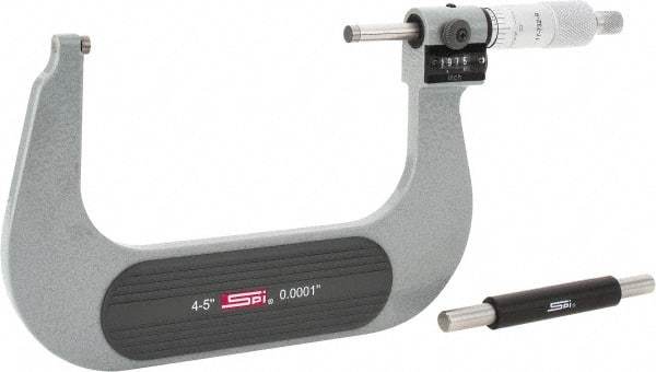 SPI - 4 to 5" Range, 0.0001" Graduation, Mechanical Outside Micrometer - Ratchet Stop Thimble, 2.76" Throat Depth, Accurate to 0.0002", Digital Counter - Americas Industrial Supply