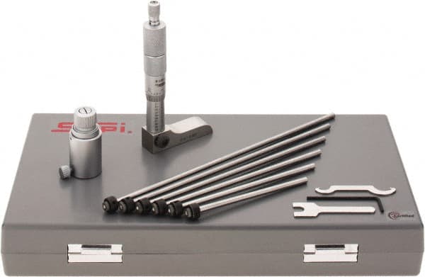 SPI - 0 to 6" Range, 6 Rod, Mechanical Depth Micrometer - Ratchet Stop Thimble, 2-1/4" Base Length, 0.001" Graduation, 4.5mm Rod Diam - Americas Industrial Supply