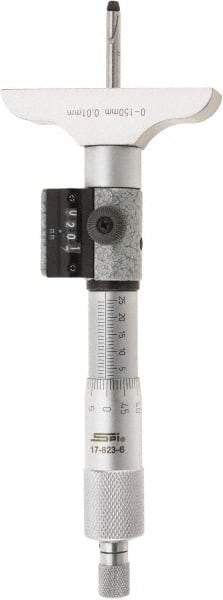 SPI - 0 to 150mm Range, 6 Rod, Mechanical Depth Micrometer - Ratchet Stop Thimble, 63mm Base Length, 0.01mm Graduation, 4.5mm Rod Diam - Americas Industrial Supply