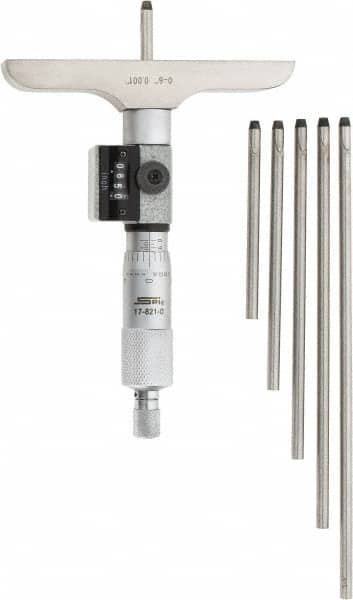 SPI - 0 to 6" Range, 6 Rod, Mechanical Depth Micrometer - Ratchet Stop Thimble, 4" Base Length, 0.001" Graduation, 4.5mm Rod Diam - Americas Industrial Supply