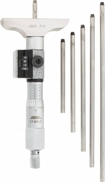 SPI - 0 to 6" Range, 6 Rod, Mechanical Depth Micrometer - Ratchet Stop Thimble, 2-1/2" Base Length, 0.001" Graduation, 4.5mm Rod Diam - Americas Industrial Supply