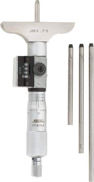 SPI - 0 to 4" Range, 4 Rod, Mechanical Depth Micrometer - Ratchet Stop Thimble, 2-1/2" Base Length, 0.001" Graduation, 4.5mm Rod Diam - Americas Industrial Supply